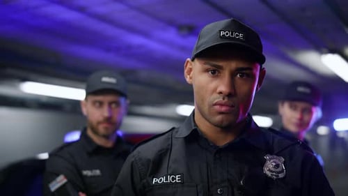 Serious Police Officers Stare in Underground Garage