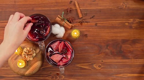 Mulled Wine in Glass Mugs Top View Gluhwein Closeup