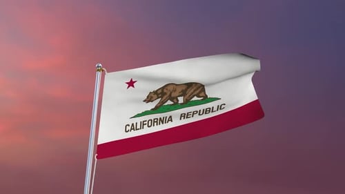 Realistic 3D California State Flag Waving Against Sunset Sky