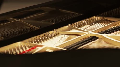 Wooden interior of a grand piano. Close up shot of a classic instrument. 4K HD