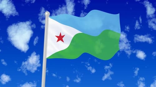 Djibouti National Flag Waving in Blue Sky with Clouds