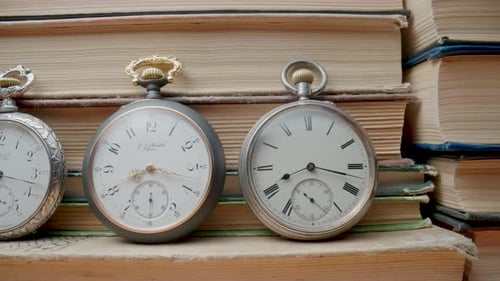 Antique Pocket Watches Resting on Aged Books