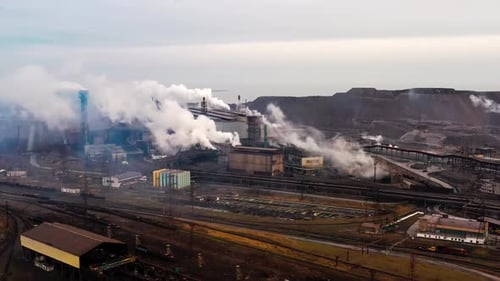 GLOBAL WARMING, View of High Chimney Pipes with Grey Smoke, Pipes Pollute Industry