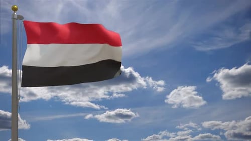 Yemen National Flag Waving Seamlessly in Blue Sky