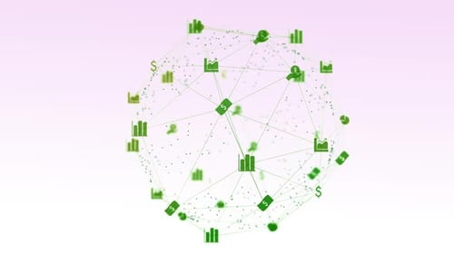 Animation of digital interface and globe of network connections with green financial