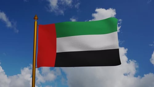 National flag of United Arab Emirates waving with flagpole and blue sky