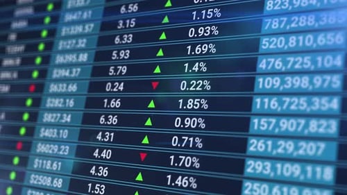 Animation of Stock Market Data Rolling and Processing Over a Grid. Digital Screen with Stats, Number