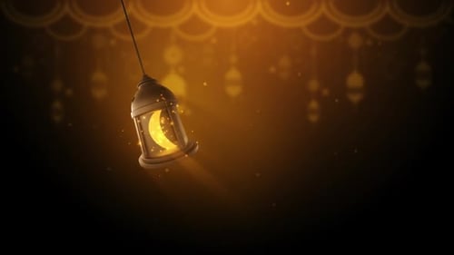 Ramadan Kareem Golden Lantern with Shimmering Light Background