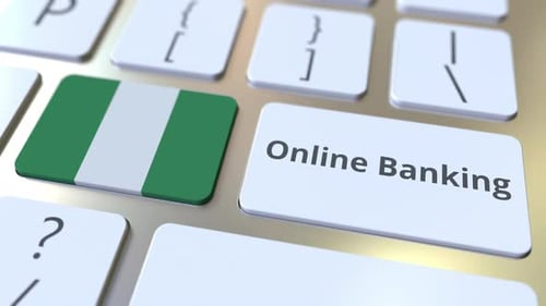 Online Banking Text and Flag of Nigeria on the Keyboard
