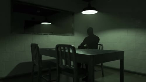 Dark Interrogation Room with Silhouetted Figure at Table