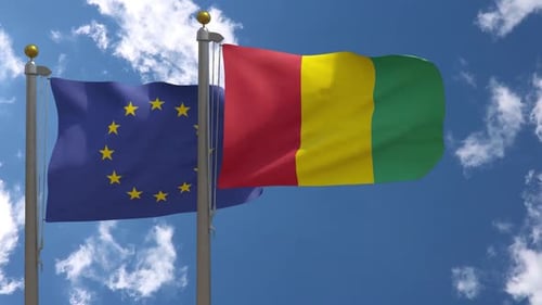 European Union and Guinea Flags Waving Realistic Animation