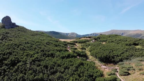 Aerial Panoramic View of Green Mountain Range and Hills in Valley of Carpathian