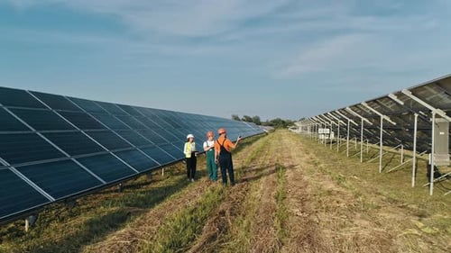 Business Team of Industrial Engineers Walking on Solar Farm and Discussing