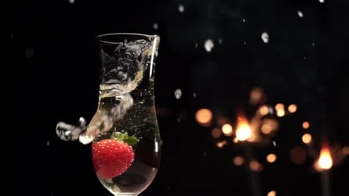 Strawberry Splashing into Champagne with Sparklers at Night