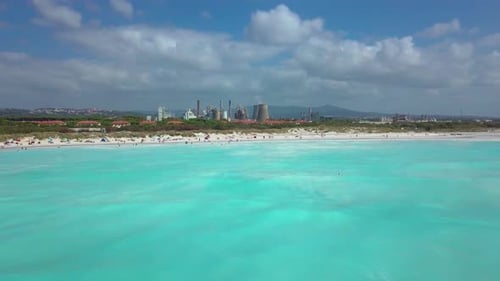 Aerial Shot, Incredibly Beautiful Calm Sea with Lots of Clouds, White Beach Created Because of Huge