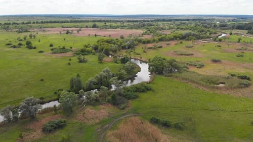 Drone Fly Over Calm River Summer Landscape of Ukraine or Russia