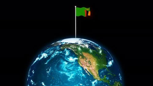 Zambia Flag Waving on Rotating Earth Global Animation