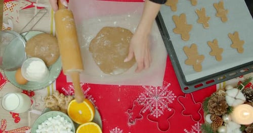 Flat Lay. Step By Step. Rolling Out Gingerbread Cookie Dough To Bake Christmas Cookies.