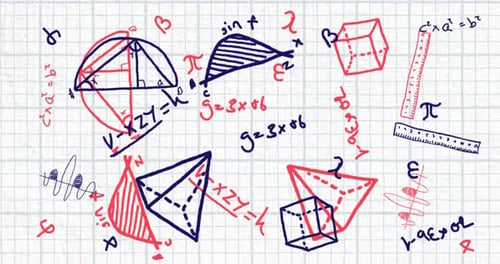 Mathematical equations and geometric shapes moving against square lined paper