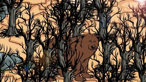 Illustrated Brown Bear in Dense Forest with Light Flare