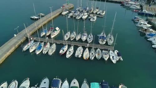 Aerial View of the Harbor Yacht Club Sailboats and Motorboats Moored at the Marina