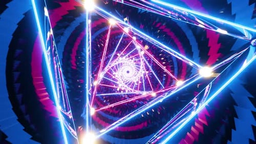 Motion graphic of flying into rotation triangle digital tunnel