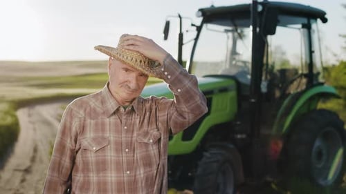 Farmer Putting on Hat Next to Tractor