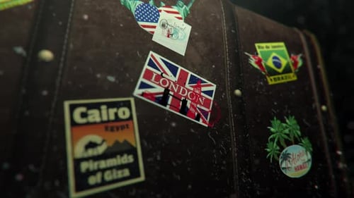 Animated Vintage Travel Suitcase with Global Destination Stickers