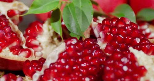 Pieces of Pomegranate with Leaves Slowly Rotate.
