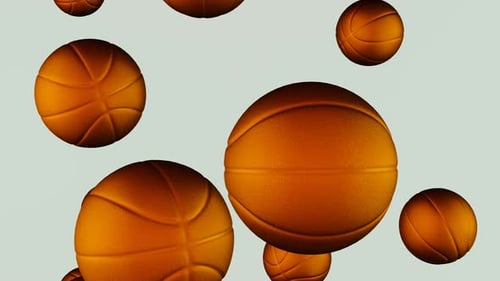 Many golden Basketball balls falling down on white background.