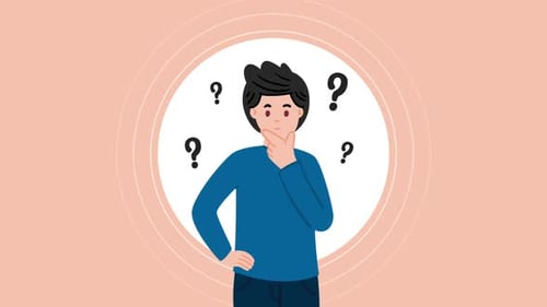 Animated Thinking Person with Floating Question Marks Flat Design