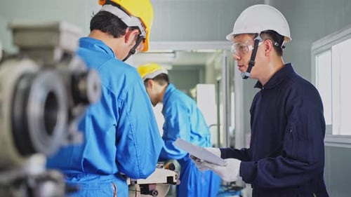 Asian mechanical technicians foreman workers wear hardhat and working on milling machine in factory.