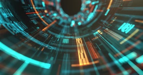 Abstract tech background, tunnel made of microchips and neon lights.