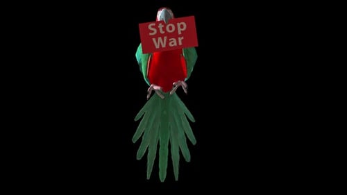 3D Animated Parrot Carrying 'Stop War' Sign