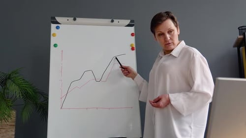 Intelligent Senior Woman 50s Stands Near Whiteboard with a Graphs and Charts on It Explaining Smth