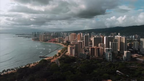Aerial drone footage of Honolulu, Hawaii.
Beautiful real estate, buildings in the city.
Palm trees