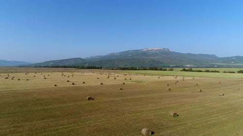 Beautiful Panorama of a Field with Haystacks Against the Background of Mountains and Sky