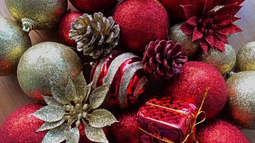 Shiny Christmas Ornaments and Pinecones Still Life