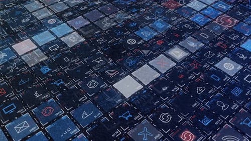 Animated Data Flow Grid with Futuristic Technology Icons