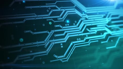 Futuristic Digital Circuit Board Animation with Glowing Data Flow