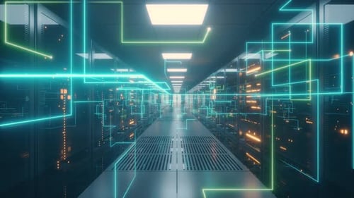 Futuristic Server Room with Glowing Data Network Lines
