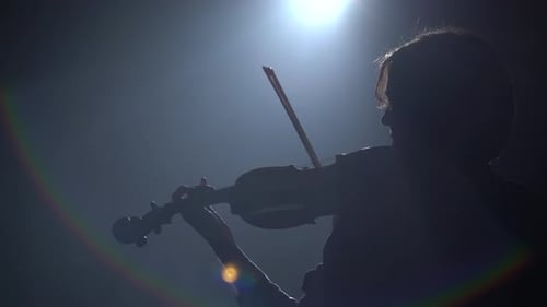 Musician Girl Backs To the Camera Playing the Violin . Black Smoke Background. Back View