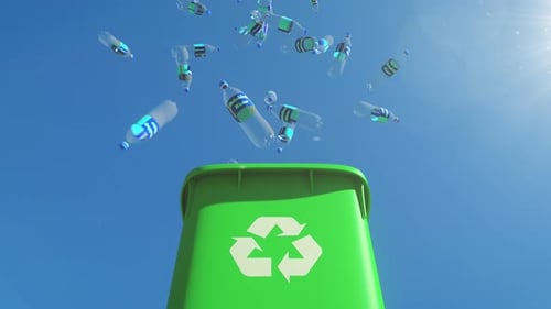 Animated Plastic Bottles Drop into Green Recycling Bin
