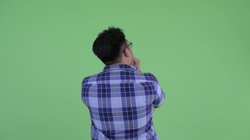 Rückansicht eines jungen übergewichtigen asiatischen Hipsters, der mit dem Finger zeigt und Regie führt