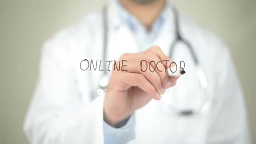 Doctor Writes 'Online Doctor' on Transparent Surface