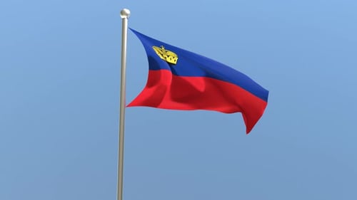 Realistic 3D Flag of Liechtenstein Waving Against Blue Sky