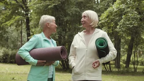 Senior Women Chatting Before Yoga in the Park