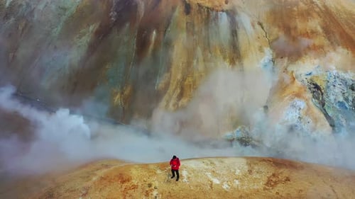 Aerial drone shot of people adventure journey hiking long trail path in Kerlingarfjöll.