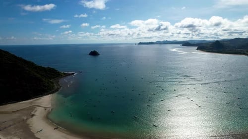 Aerial view of Selong Belanak, Tropical island with sandy beach
