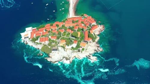 Aerial Top View Famous Sveti Stefan Island in Budva During a Beautiful Summer Day Montenegro